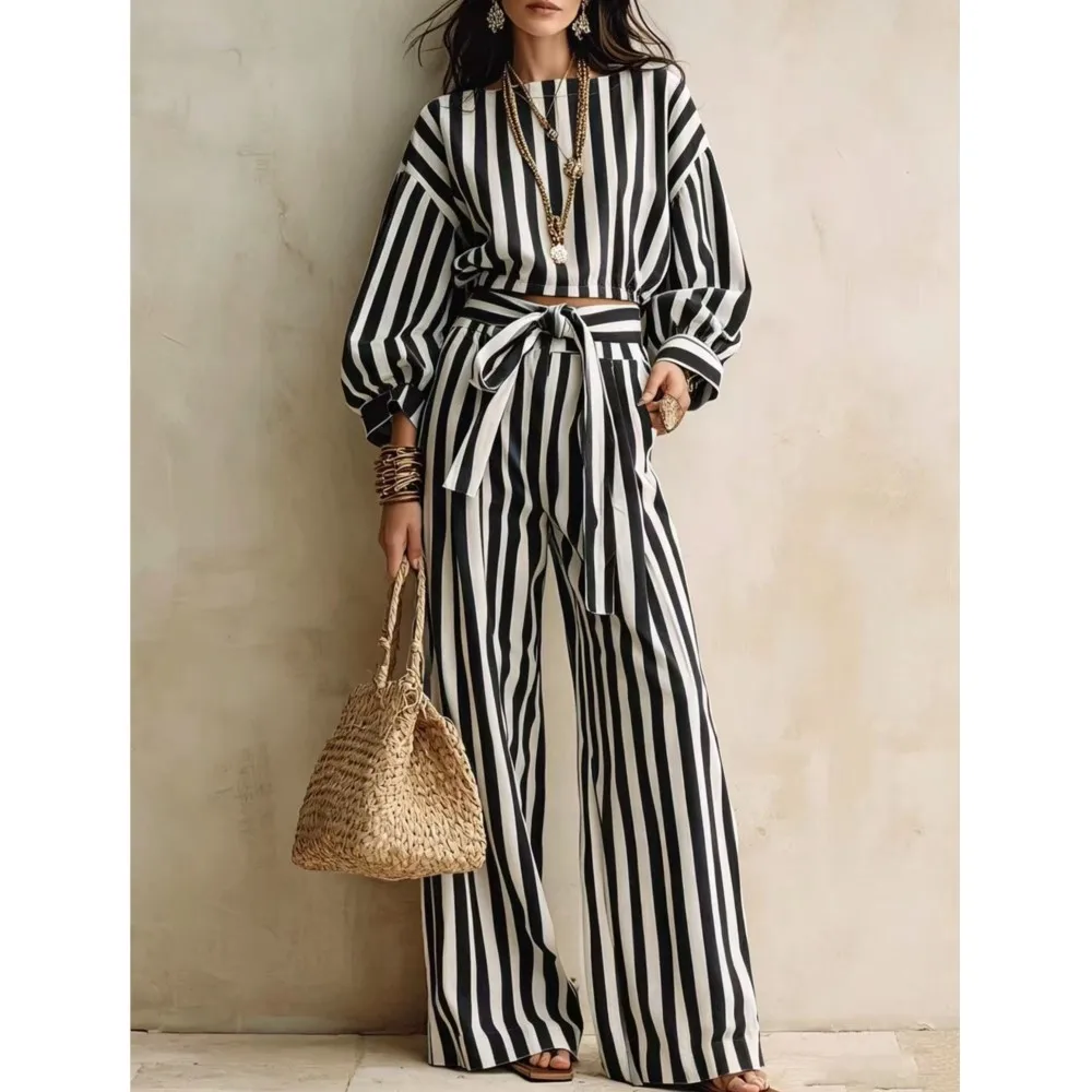 Women New Striped Long-sleeved Shirts Trousers 2piece Set Fashion Casual Ultra-short Top Waisted Lace-up Loose Wide-leg Long Set view 6