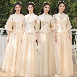 Vintage Button Bridesmaid Wedidng Dress Chinese Style Flower Cheongsam Vestidso Women Elegant Mandarin Collar Embroidered Qipao