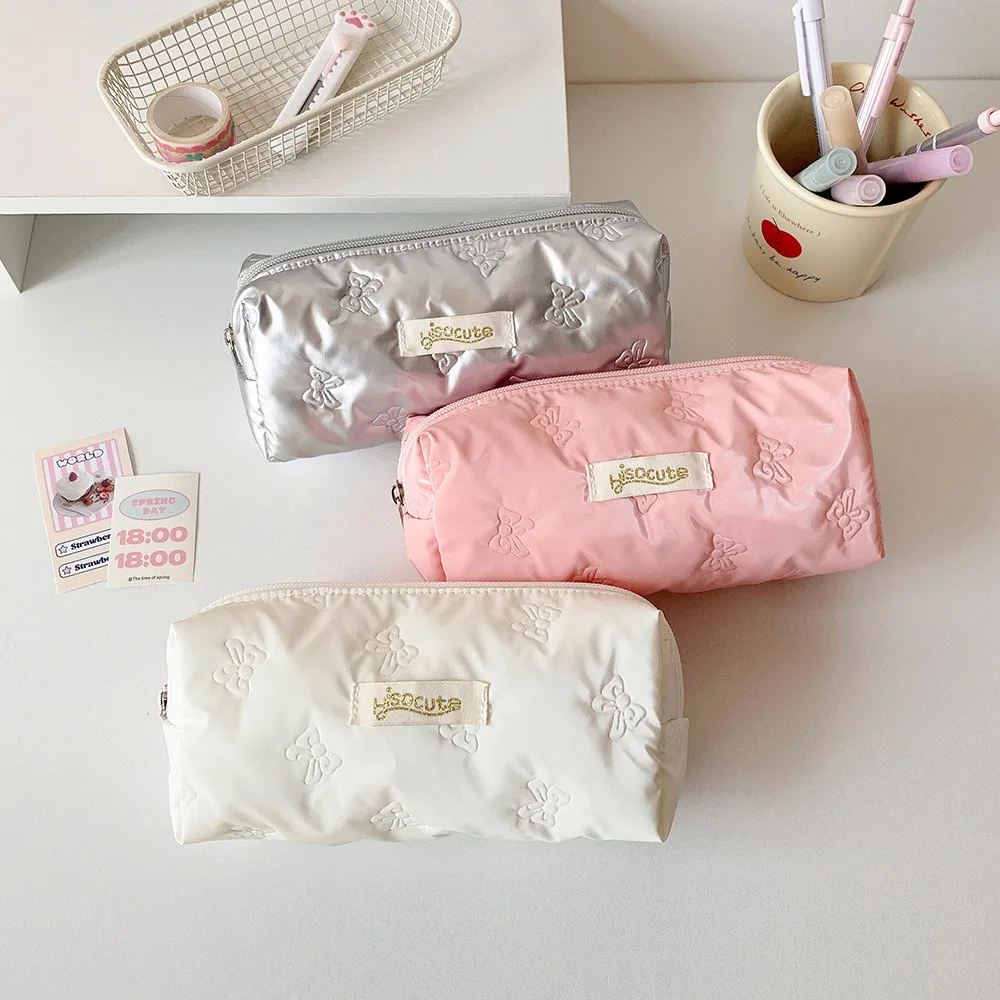 Waterproof Bowknot Pencil Case Pen Pouch Organizer Simple Solid Color Pencil Bag Student Stationery Storage Bag Multi-Functional