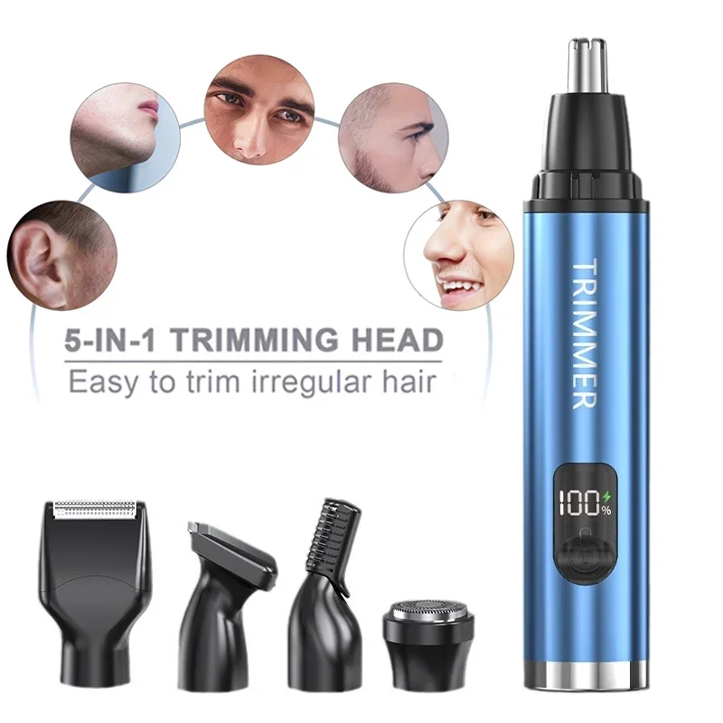 5-in-1 Electric Nose Hair Trimmer Digital Display Type-c Charging Remove Armpit Hair Eyebrows Ear Hair Beard Shaver Trimmer