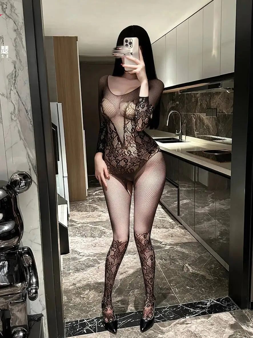 Sexy Temptation Fishnet Open Crotch Bodysuits Charming Long Sleeved Round Neck Flower Print Bodysuits Pure Desire Nightclub BPN4