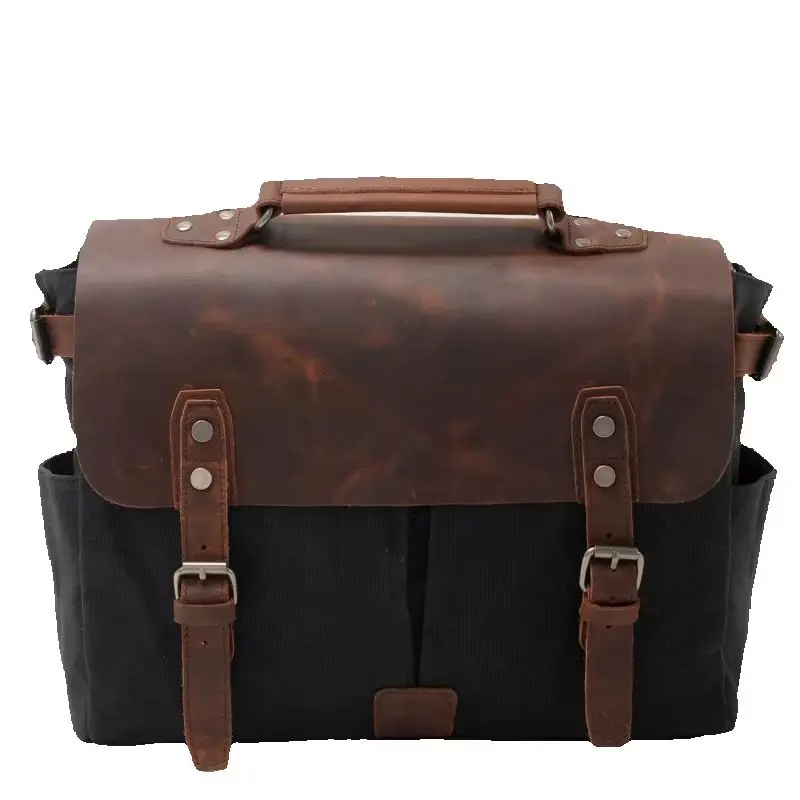 

Vintage oil wax canvas with crazy horse leather briefcase handbag, European and American men's vintage shoulder and crossbody