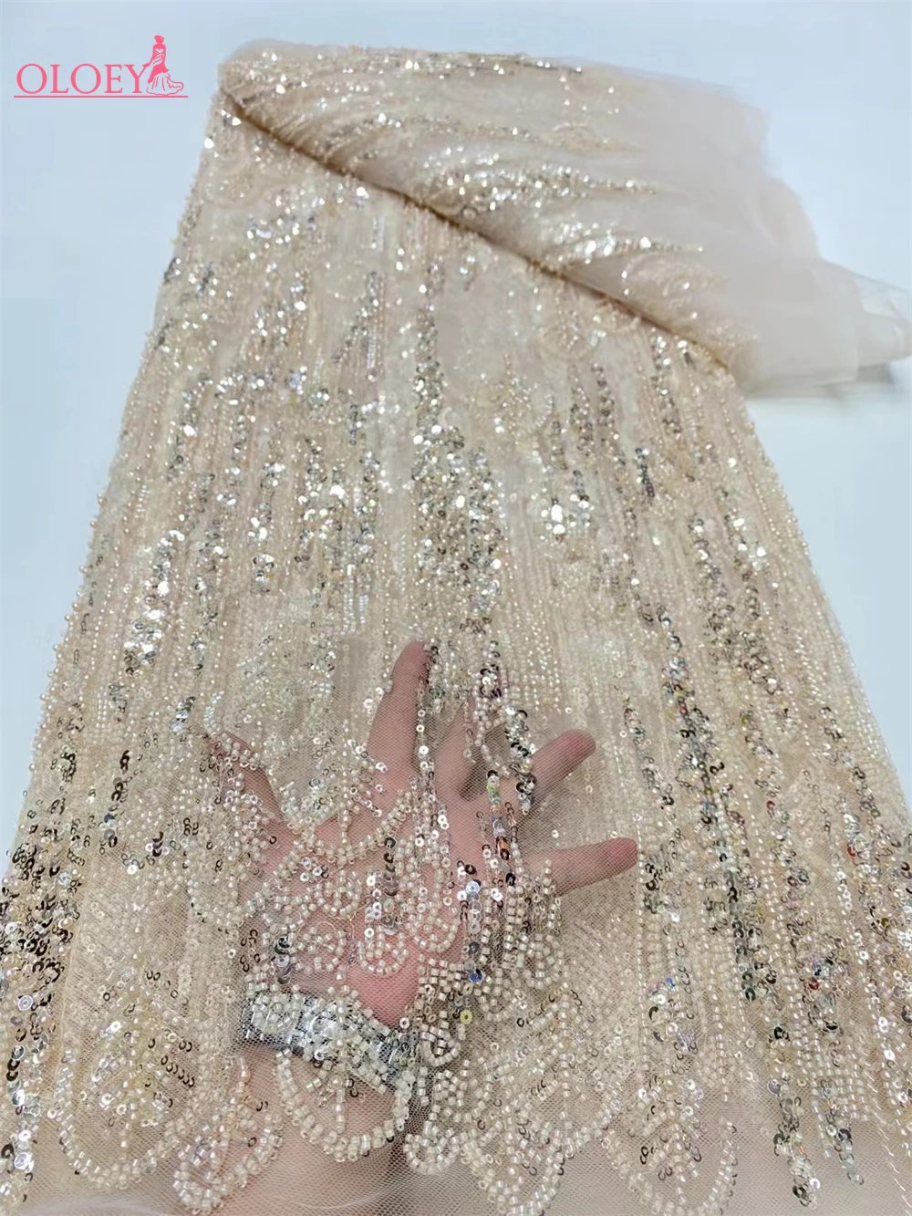 

Latest Hot Sale Fashion Africa Lace Fabric High Quality Handmade Embroidery Lace With Beads Sequins Party For Wedding Dress