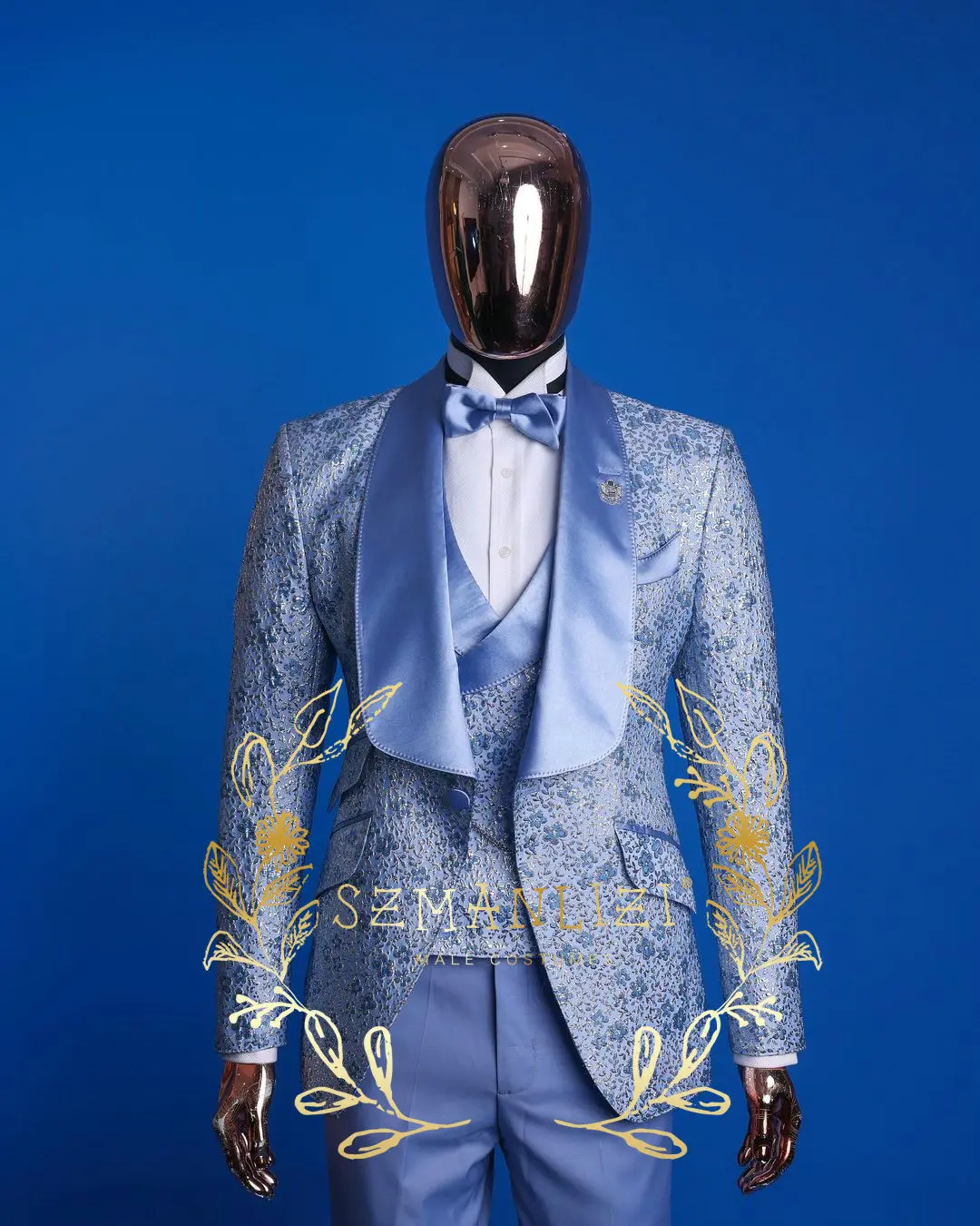 

Fashion Sky Blue Floral Printed Men Suit 3 Piece Groom Wedding Tuxedos Slim Fit Blazer Party Suit Jacket Vest Pants Set