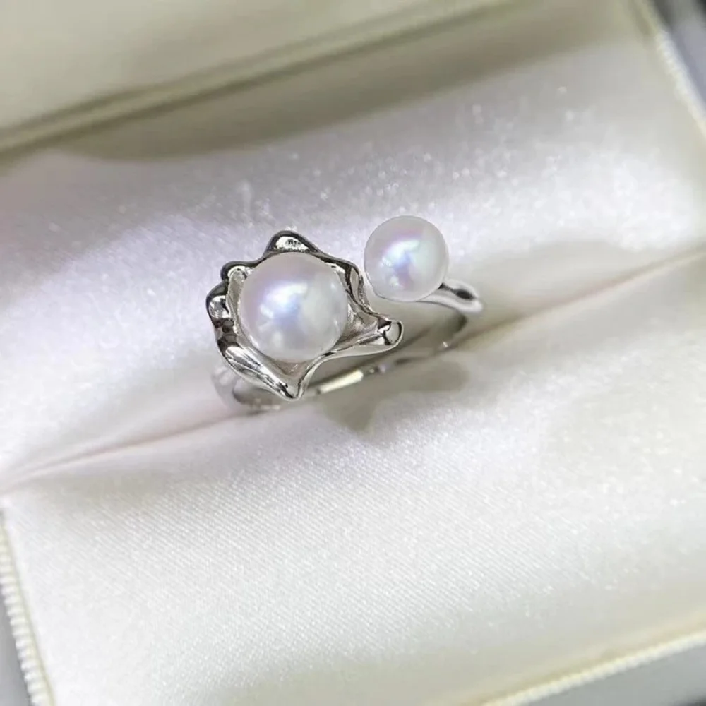 

New Double Pearl Ring AAAA5-7mm Natural Japanese Round Pearl Ring 925s