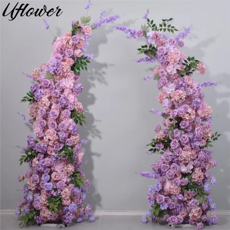 

Uflower Purple Rose Floral Arrangement with Luxury Horn Shape Arch Wedding Backdrop Artificial Flower Row Stage Diaplay Decor