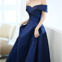 Customized Elegant Luxury Shinny Design Slash Neck Formal Dresses Simple Solid Slim Waist Draped A-line Gown Back Cross Lace Up