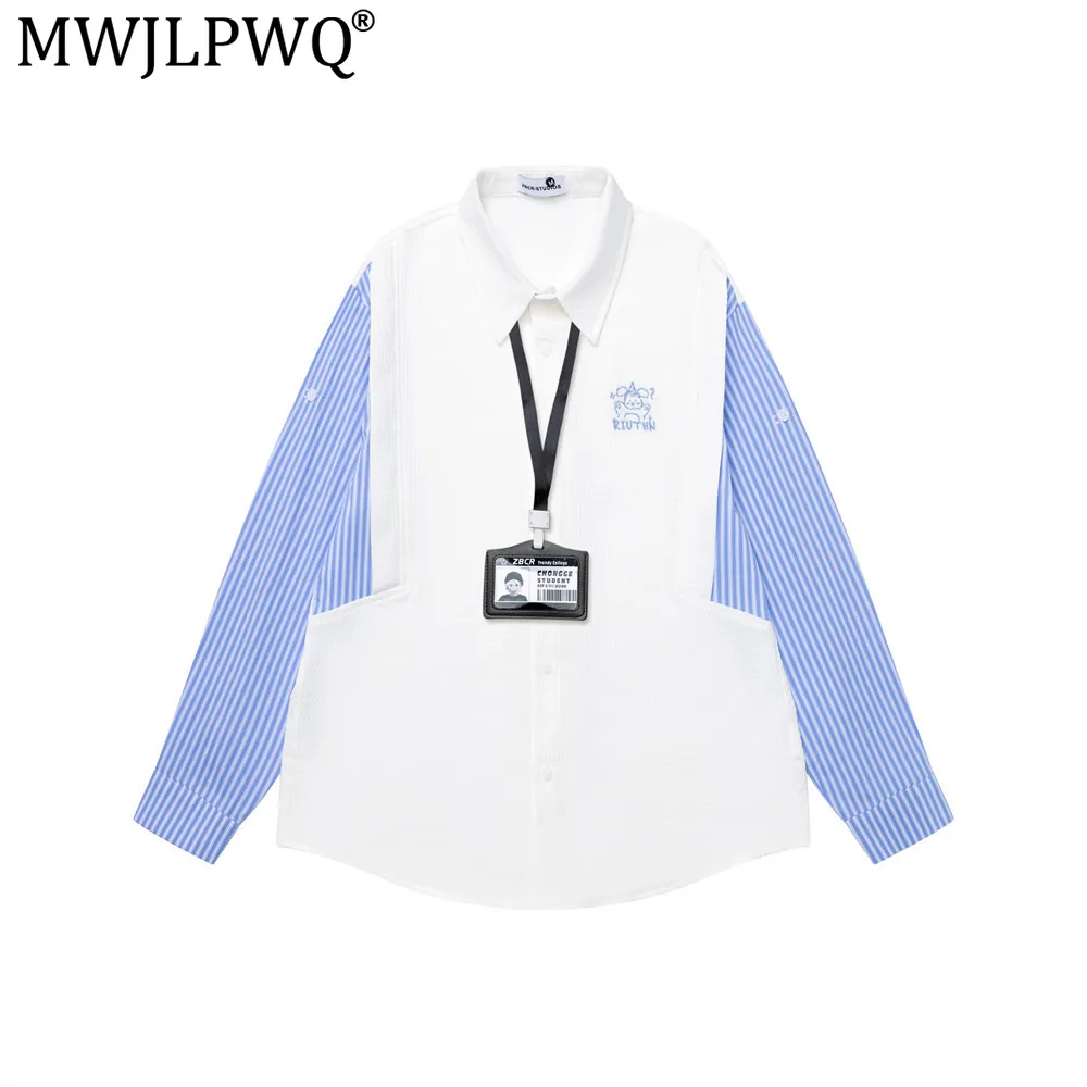 MWJLPWQ Patchwork Color-Blocked Vertical Stripe Long-Sleeve Shirt For Men Style American Trendy Vibe Tops 2026 Autumn 21066