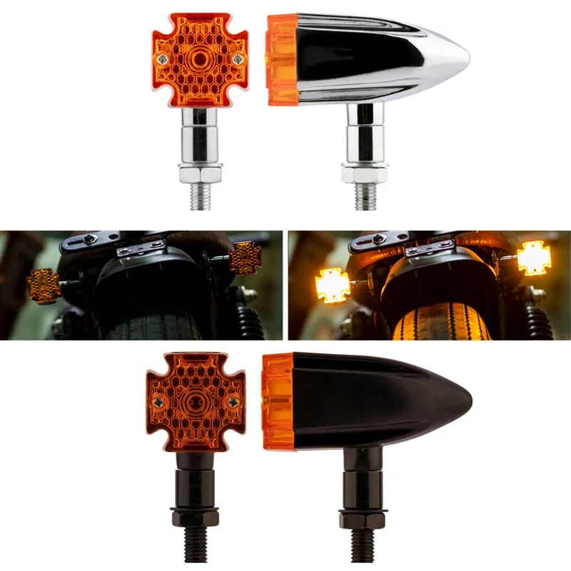 

Хромированный/черный мотоциклетный передний и задний поворотник 10 мм, металлические указатели поворота, янтарные индикаторы, универсальные для Harley Honda Cafe Racer