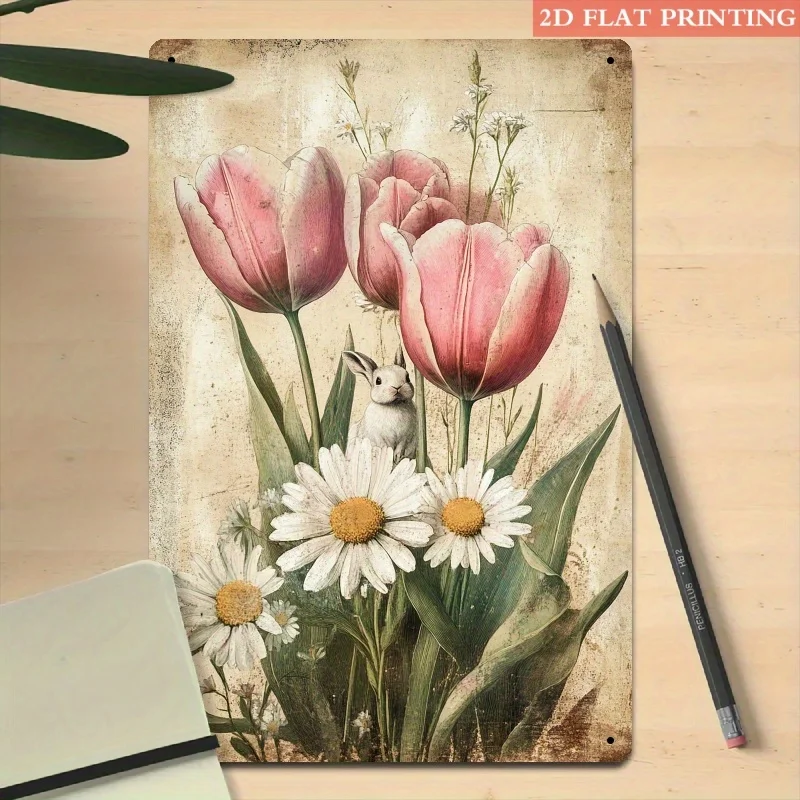 Vintage Blumen-Häschen Metall-Blechschild 20x30cm Retro Frühling Wanddekoration Plakette Schlafzimmer Wohnzimmer Kunstposter Blechplatte