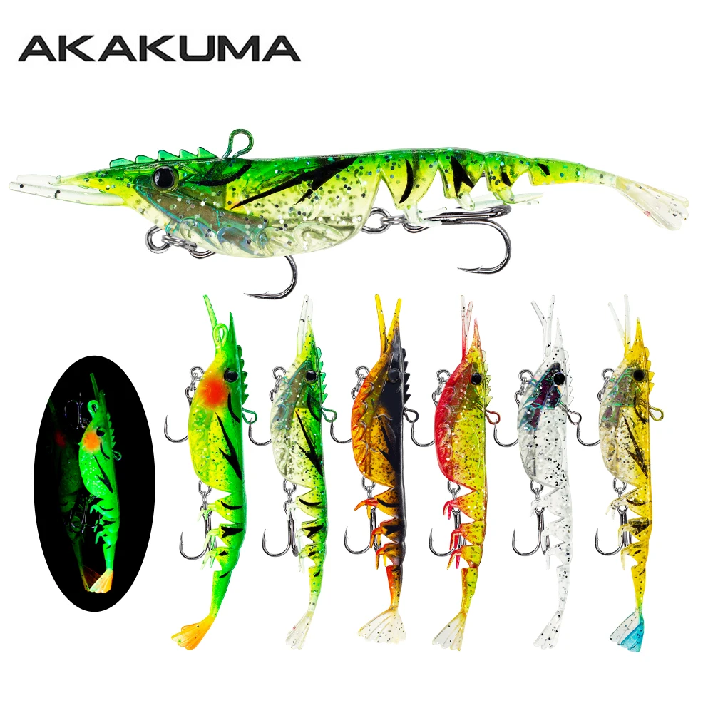 1 Stück leuchtender Garnelenköder aus Silikon, künstlicher Köder, 10,5 cm/11 g, mit zwei Drillingshaken, 6 Farben, Krebse, Swimbait, weicher Wurfköder