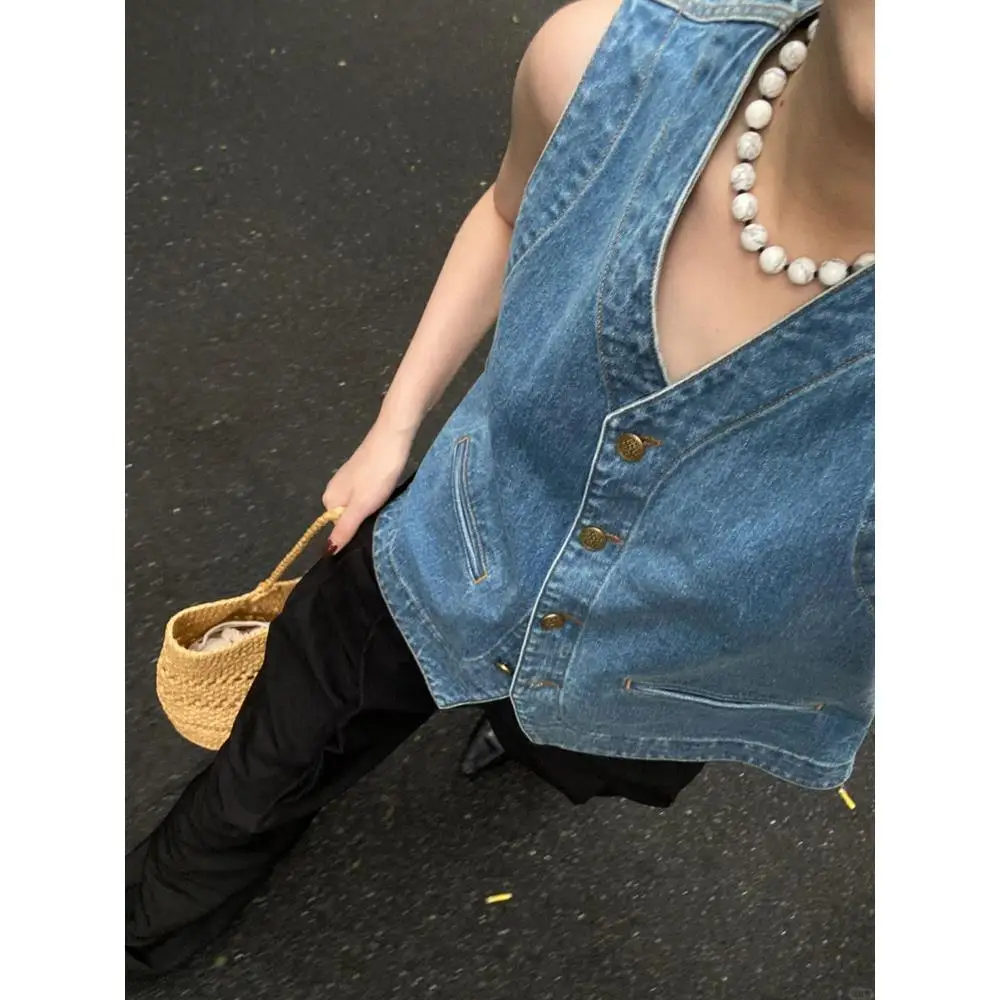 Korean Style Casual Camisole For Women Retro And Versatile Fashionable Layering Denim Vest