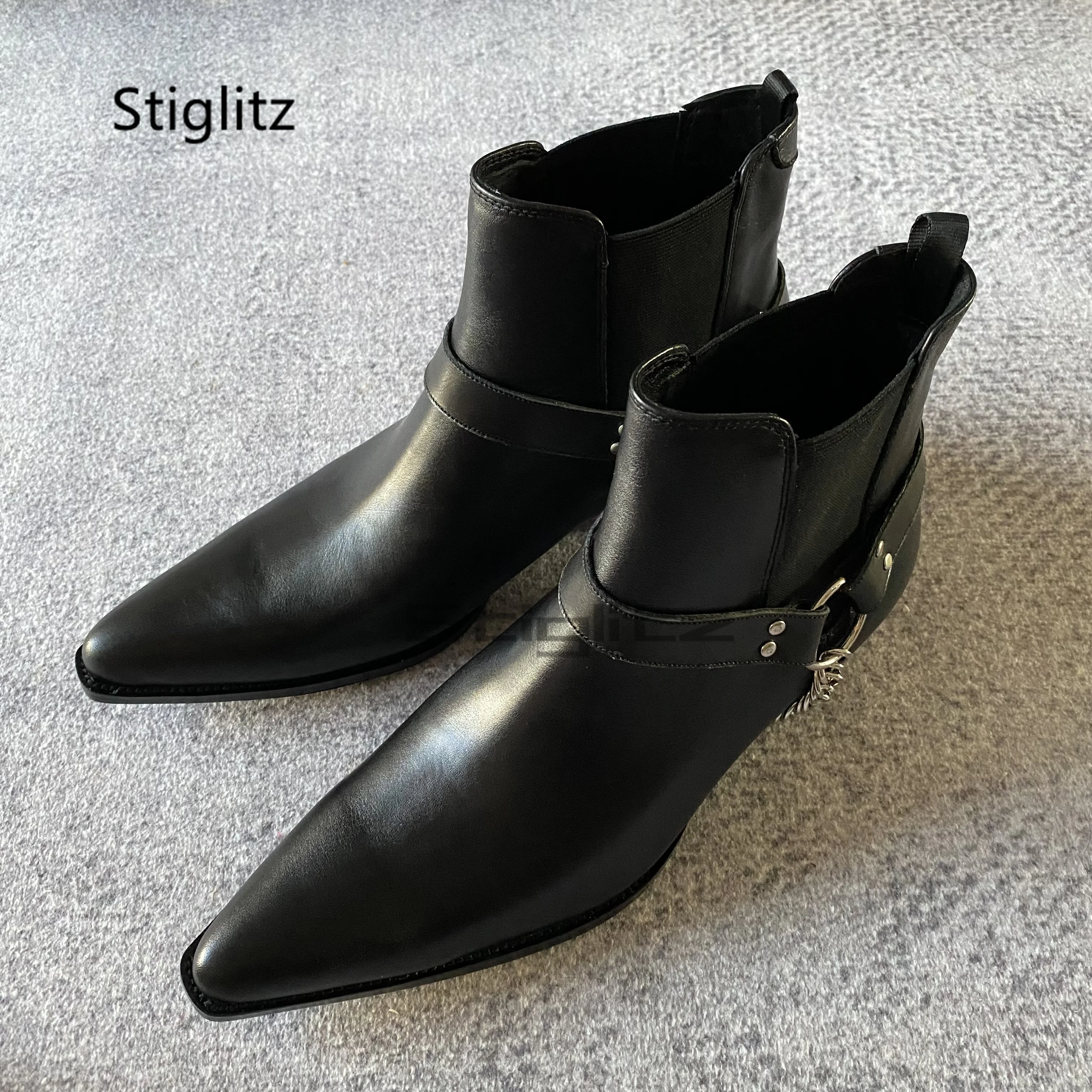 أسود جلد طبيعي سلسلة الأحذية للرجال أشار تو الانزلاق على ميد الكعوب حذاء من الجلد اليدوية مطاطا الأعمال فستان الأحذية #3