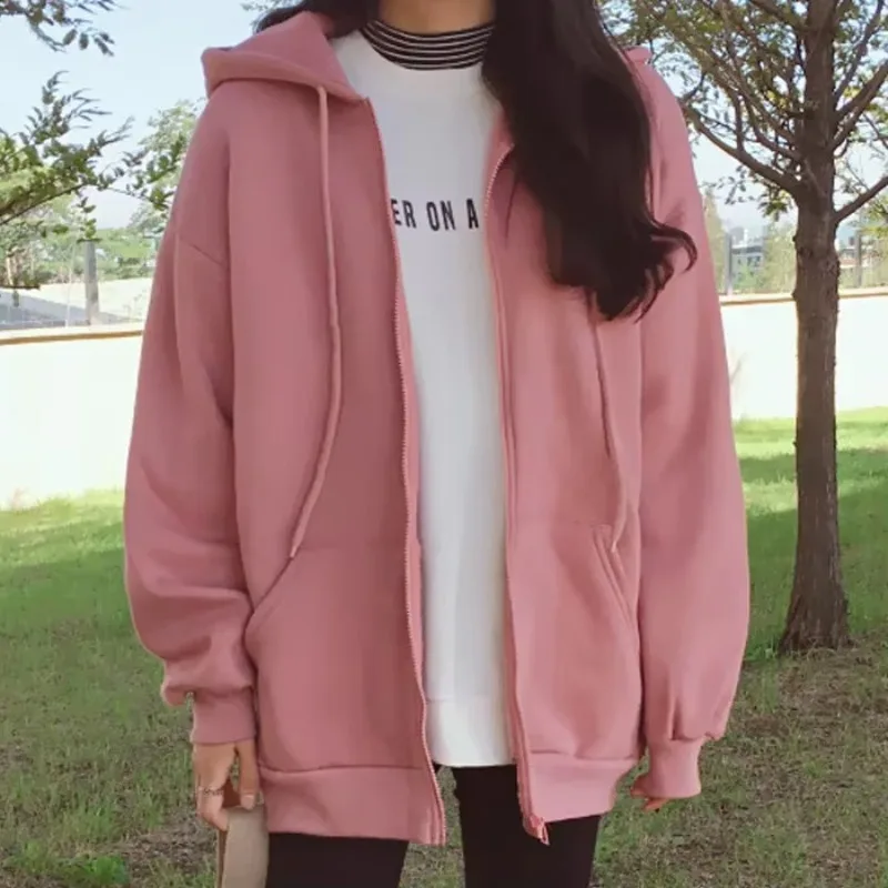 Y2k Harajuku النسخة الكورية قمصان سويت شيرت بقلنسوة النساء الشتاء الصلبة زمم سترة فضفاضة معطف Vintage كم طويل المتضخم هوديس