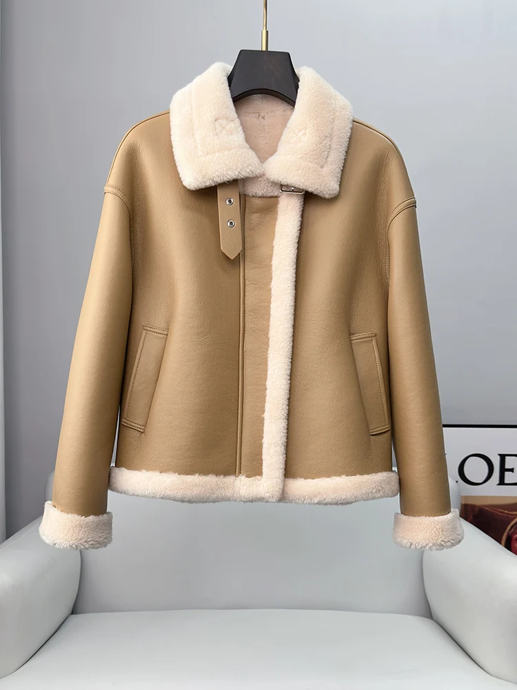 2023 Winter New Sheep Fleece Short Coats for Women Fashion Simple Stand Collar Lamb Wool Coat Office Lady Solid Jacket