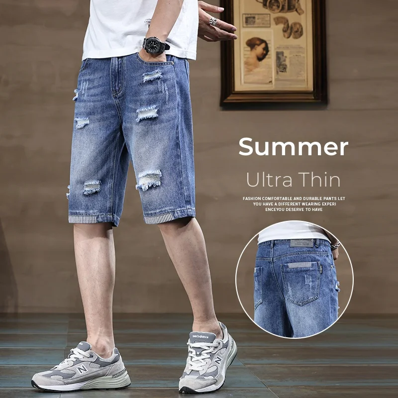 2024 Summer Ultra Thin Cotton Men\'s Denim Shorts Blue Stretch Straight Fashion Casual Ripped Jeans Shorts Male Classic Style