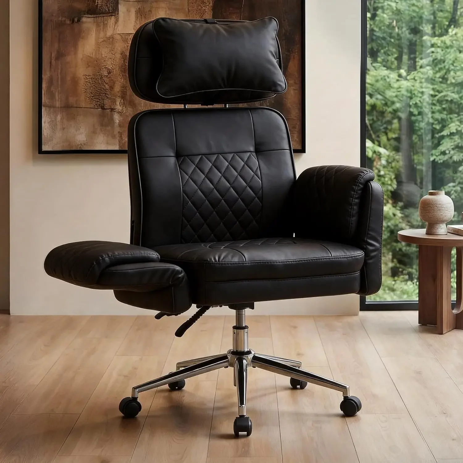 

Big Tall Cross Leather Chair High Back Office Armrest Wheels Ergonomic Computer Gaming Desk Home Makeup Vanity Bedroom Black