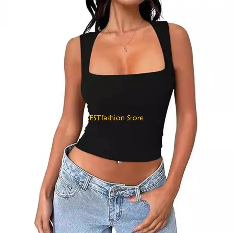 Y5GC Fashionable Women's Square Neck Sleeveless Top Breathable Summer Fashion Top Summer Tight Fit Tops
