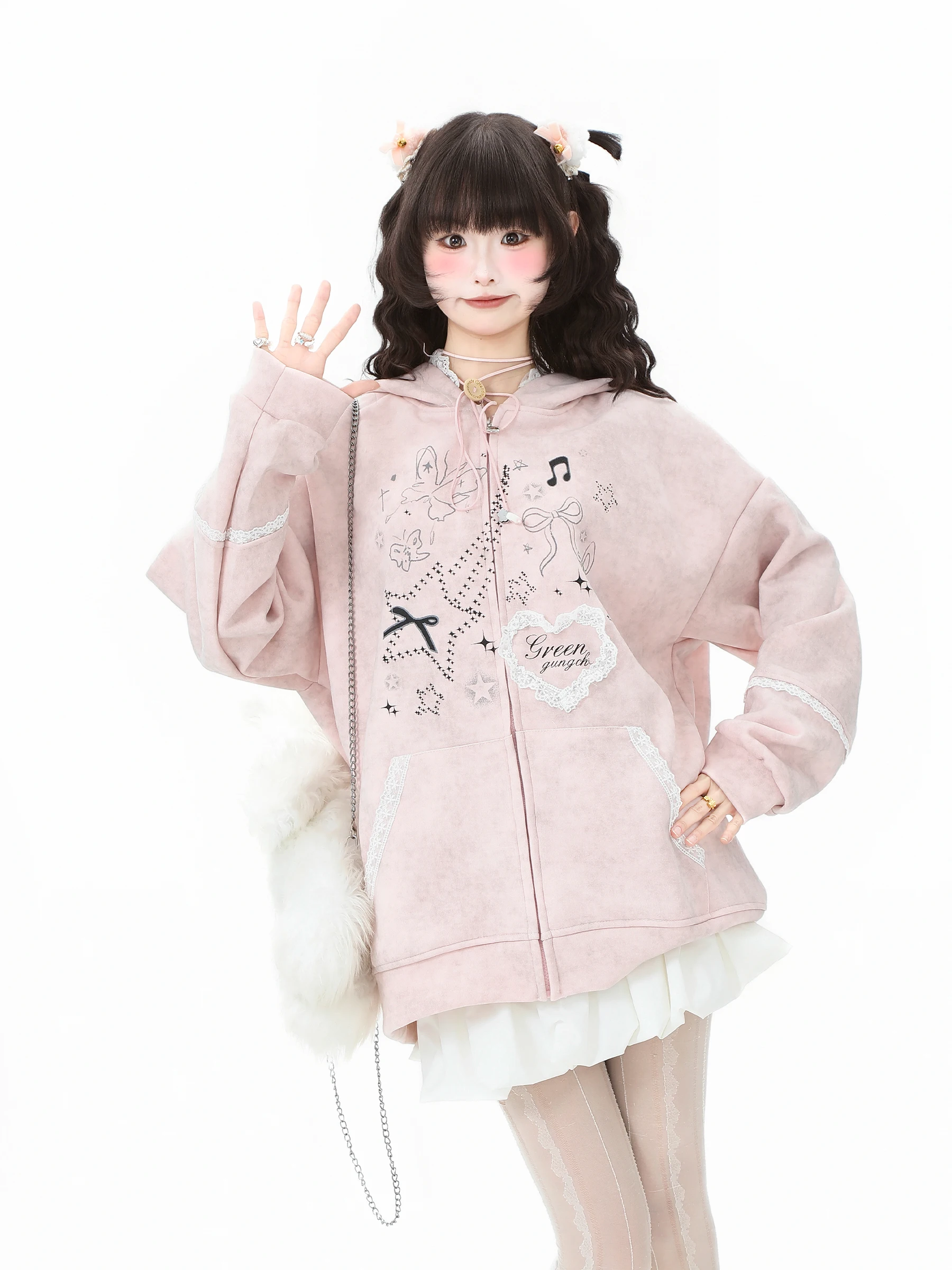 2025 Spring and Autumn New Style Bunny Ear Lace Blue Hooded Sweatshirt Jacket Women Loose Casual Pink White Gray Cardigan Top