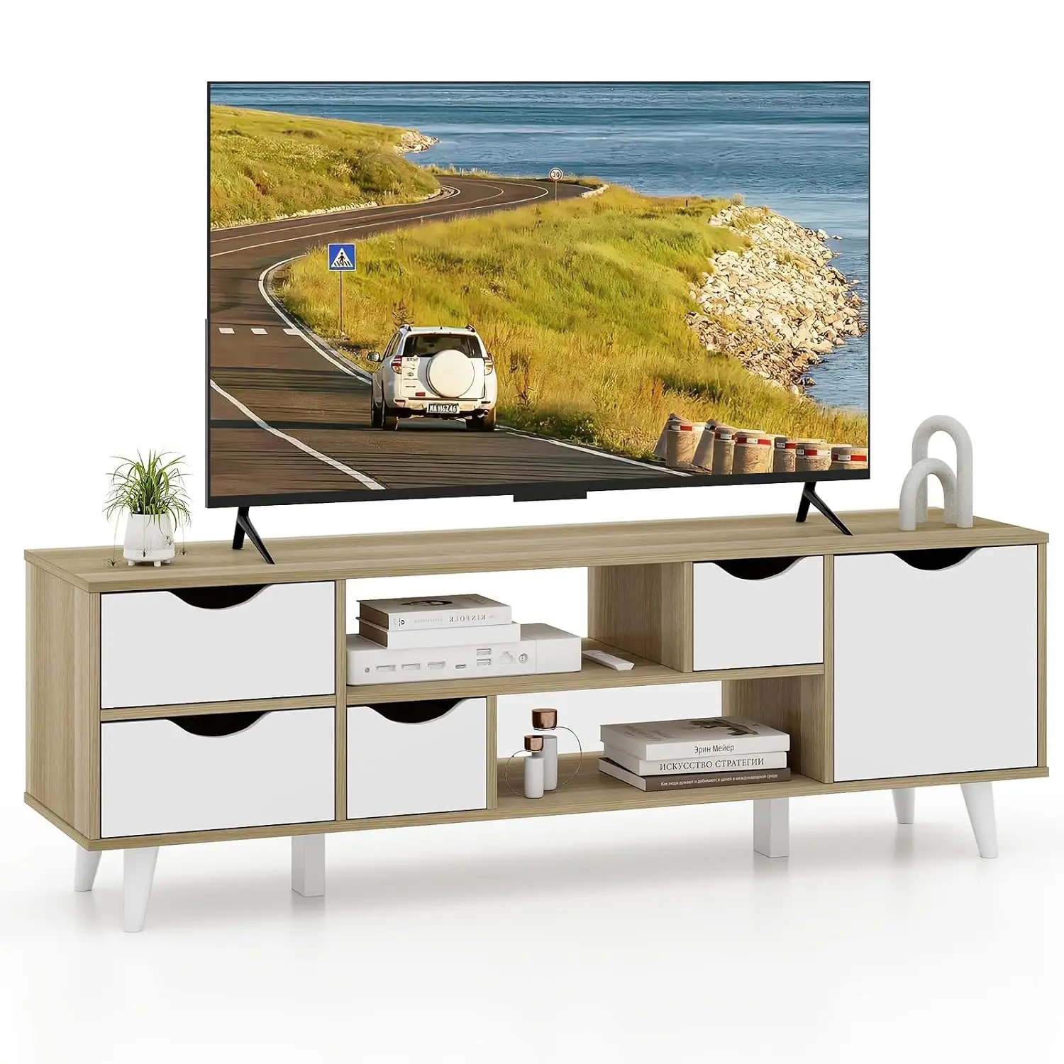 Mid Century TV Stand with 4 Drawers Cabinet Adjustable Shelf 2 Compartments Media Console for Bedroom, Customized