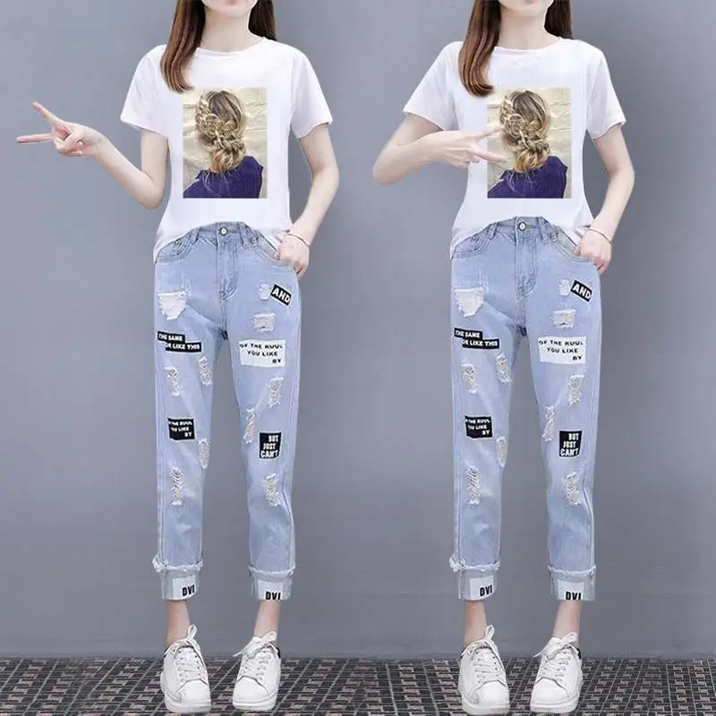 Korean Style Retro Printed Short Sleeved T-shirt Ripped Jeans 2pcs Elegant Women's Pants Set Summer Full Suit Casual Sports Suit