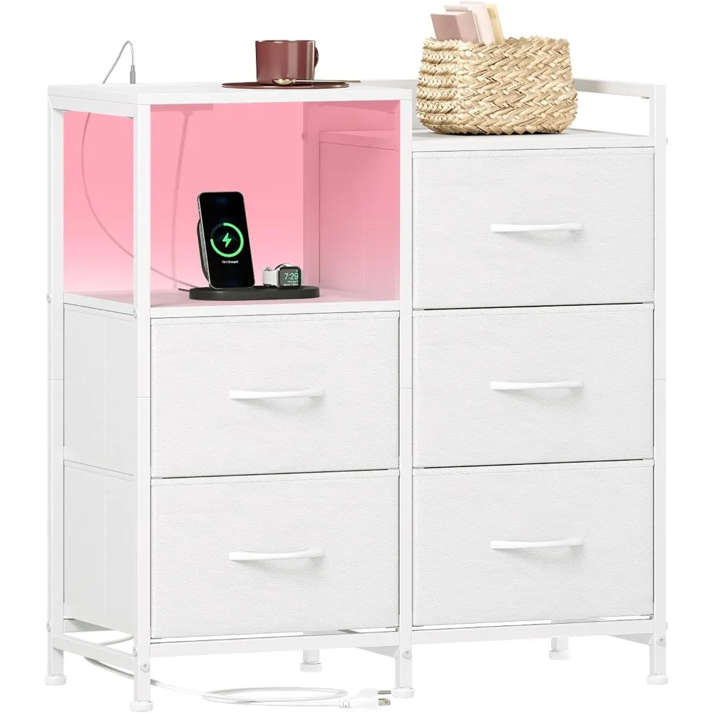 

White Nightstand with Charging Station and LED Light, Wide 5 Drawers Dresser for Bedroom with Fabric Bins and Open Shelf for Be