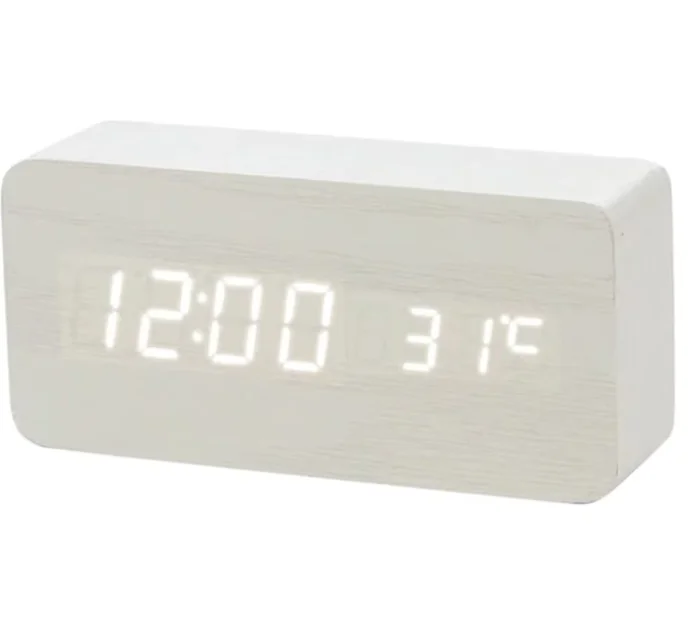 Multicolor Sound Control Wooden LED Alarm Clock Square Digital Thermometer USB/AAA Powered Desktop Table with Date Display