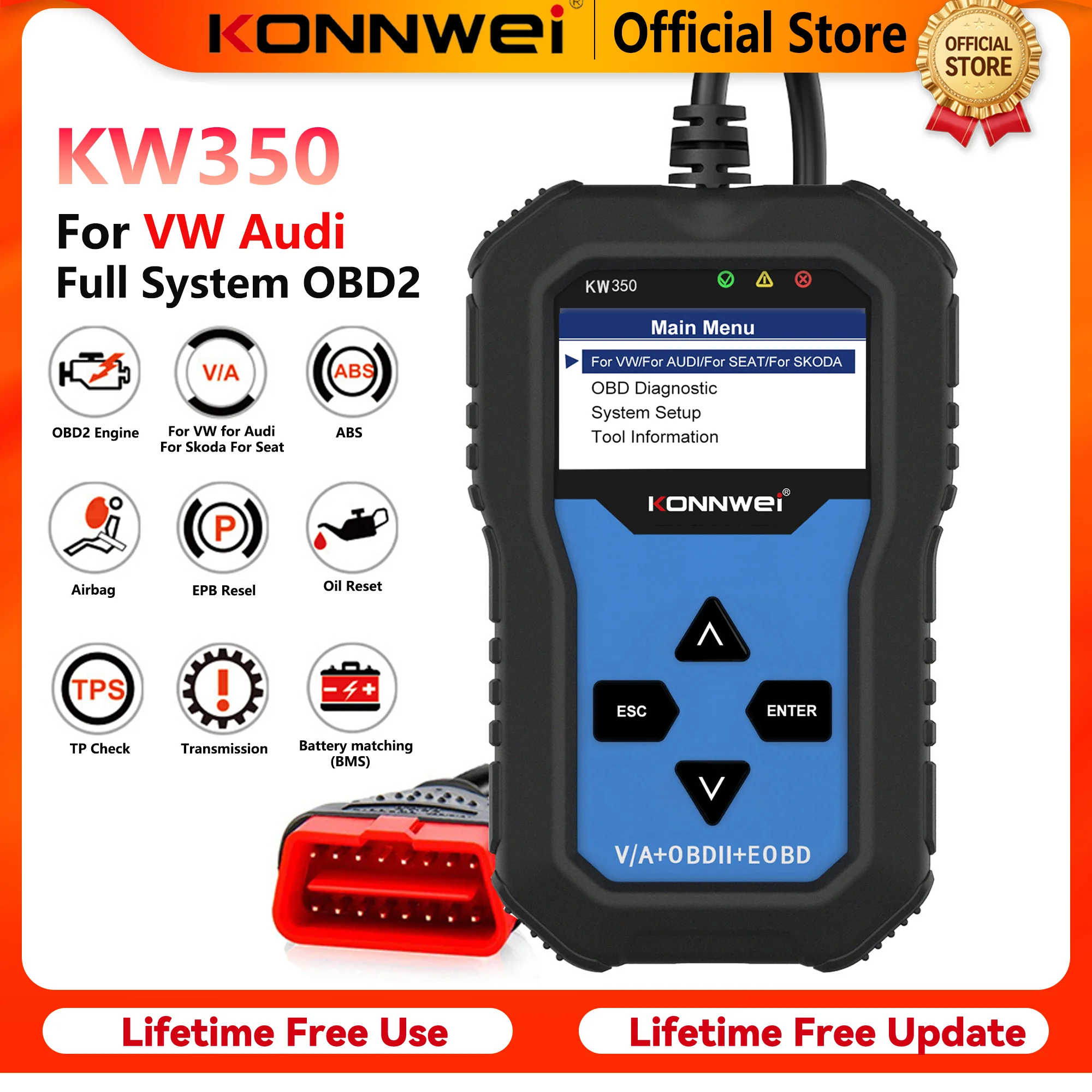 

2026 KONNWEI KW350 Full Systems OBD2 Car Diagnostic Tool for VW Audi ABS Airbag Oil Reset Light EPB SAS TPMS Service Functions