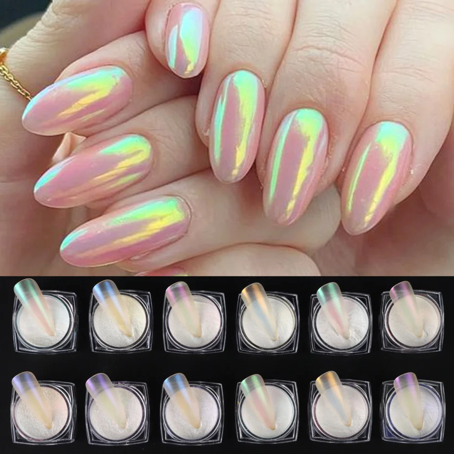 Polvo de ópalo Aurora para uñas, escamas de Hada, perla, purpurina, espejo camaleón, frotamiento, pigmento cromado, polvo para manicura, decoración de Arte de uñas DIY