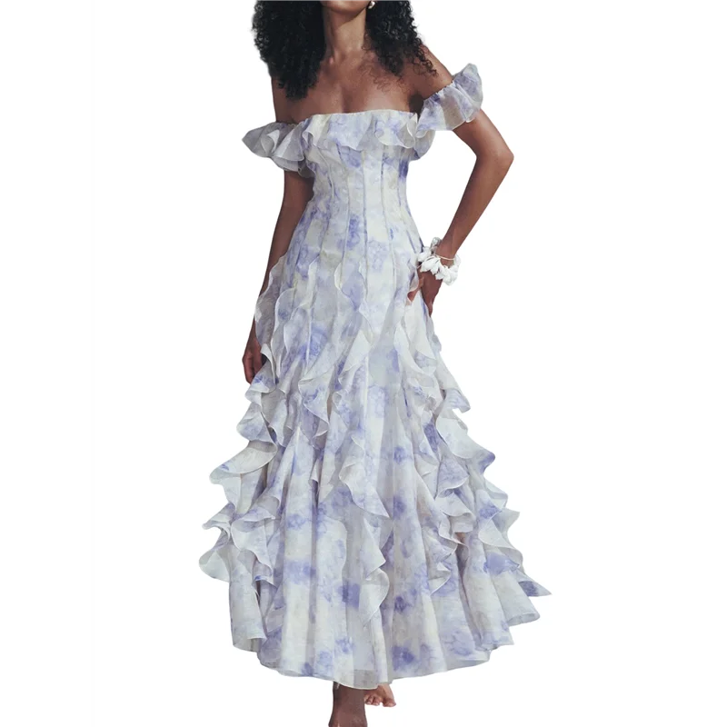 CGS-Womens Maxi Dresses Summer Off Shoulder Floral Dress Ruffle Beach Flowy Boho Wedding Guest Dress
