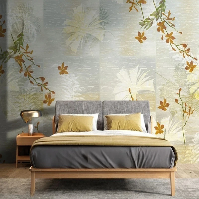 MU8739  Fresh and retro-style TV background Wall Paper wall with hand-painted floral and maple leaves