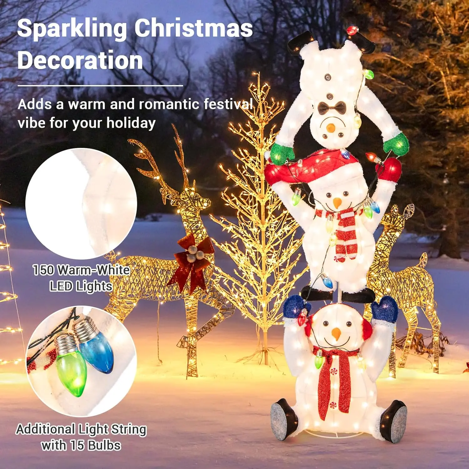 5.6 FT Lighted Christmas Stacked Snowmen Decoration, Pre-Lit Snowmen Ornament with LED Lights, Light String