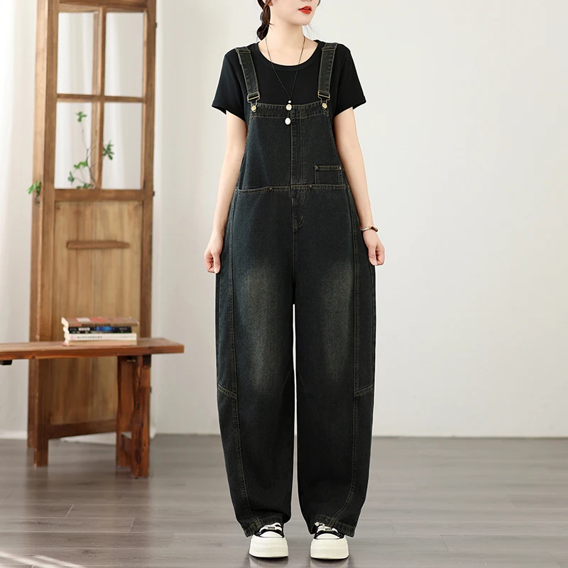 Retro Loose Fitting Denim Overalls Women Summer Vintage Ageless plus Size Pear Shaped Slimming Wide Leg Knife Pants