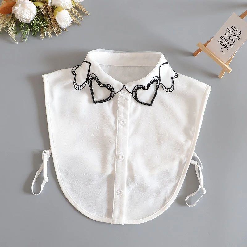 Heart Embroidery White Fake Collar Beads Detachable Collar Fake Women Vintage Crystal Lace Ladies False Blouse Collar Half Shirt