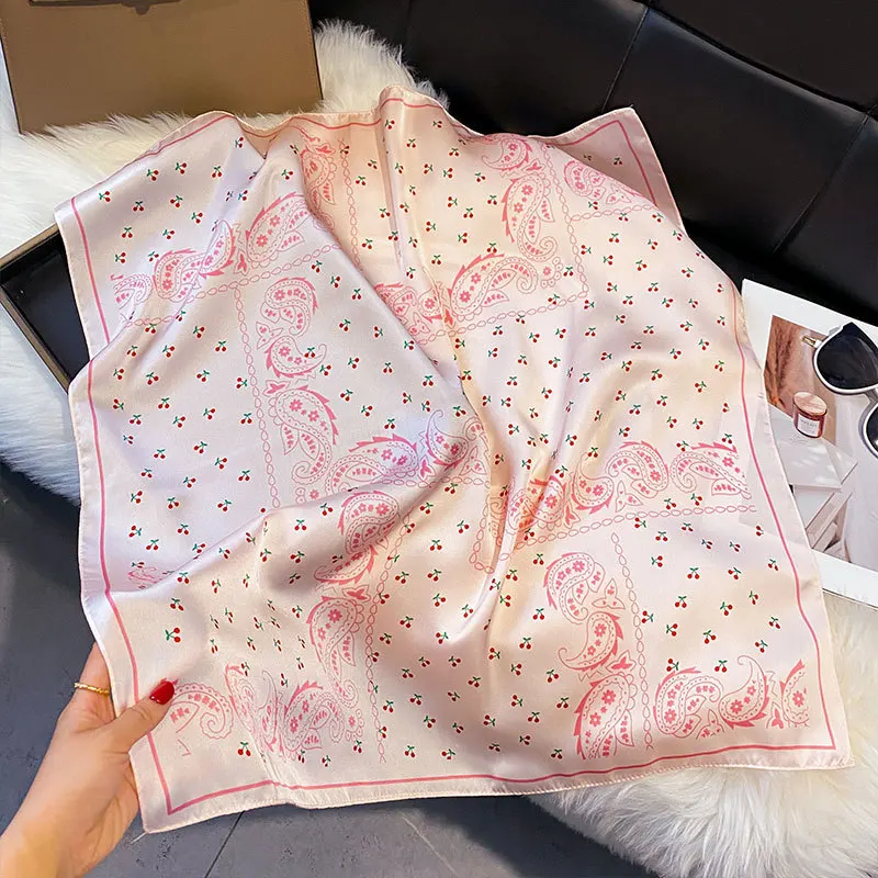 

Роскошный бренд 2025 квадратный шелковый шарф с цветочным принтом для женщин, хиджаб, ленты для волос 70 см, шейный платок, женская атласная шаль, повязка на голову