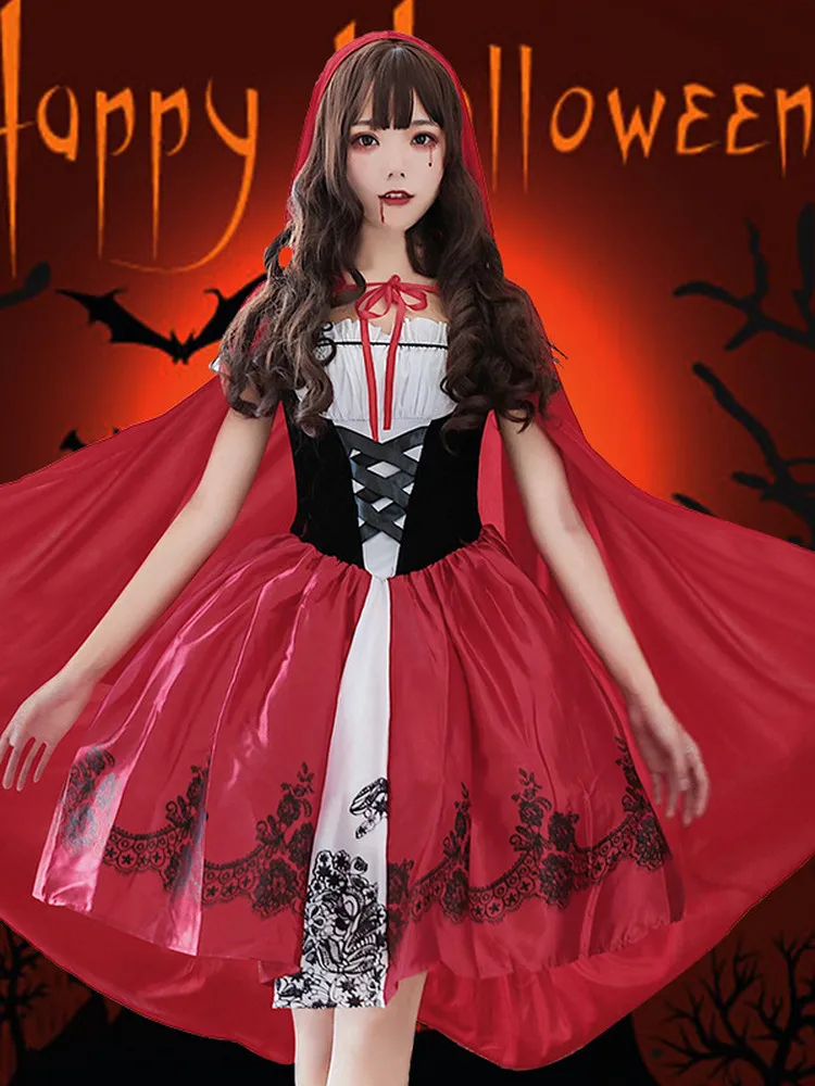 Fantasia de halloween para mulheres adultas, chapeuzinho vermelho, performance, bruxa, príncipes, saia, furador, dramatização, roupa de palco