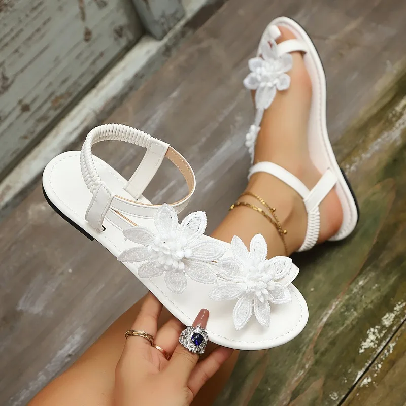 Summer Retro Elegant Women Sandals Fashion Floral Decorative Flat Bottom Sandals Casual Comfortable Lightweight Female Shoes