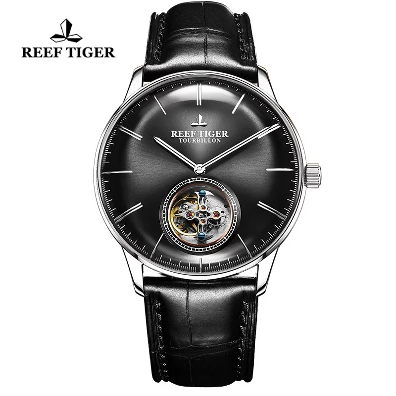 Reef Tiger/RT Hot Brand Luxury Flying Tourbillon Mechanical Watch Genuine Leather Strap Automatic Men Watch reloj hombre