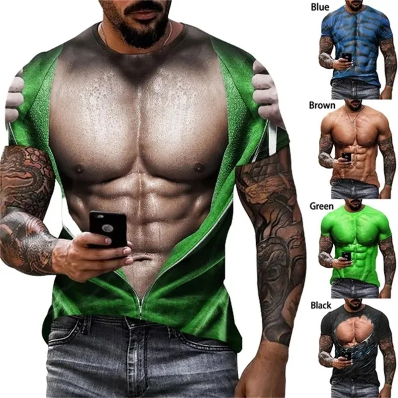 3D Men's Funny Muscle Graphic T Shirts Short Sleeve Casual Personality Tee Tops Streetwear Full Print Mens Party Tshirt Clothes