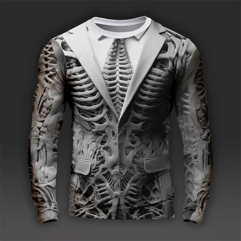 Multicolor Skeleton Suit Long Sleeve T Shirt Men Halloween Fake Cool Loose Fashion Trendy Streetwear Novelty Gothic Funny