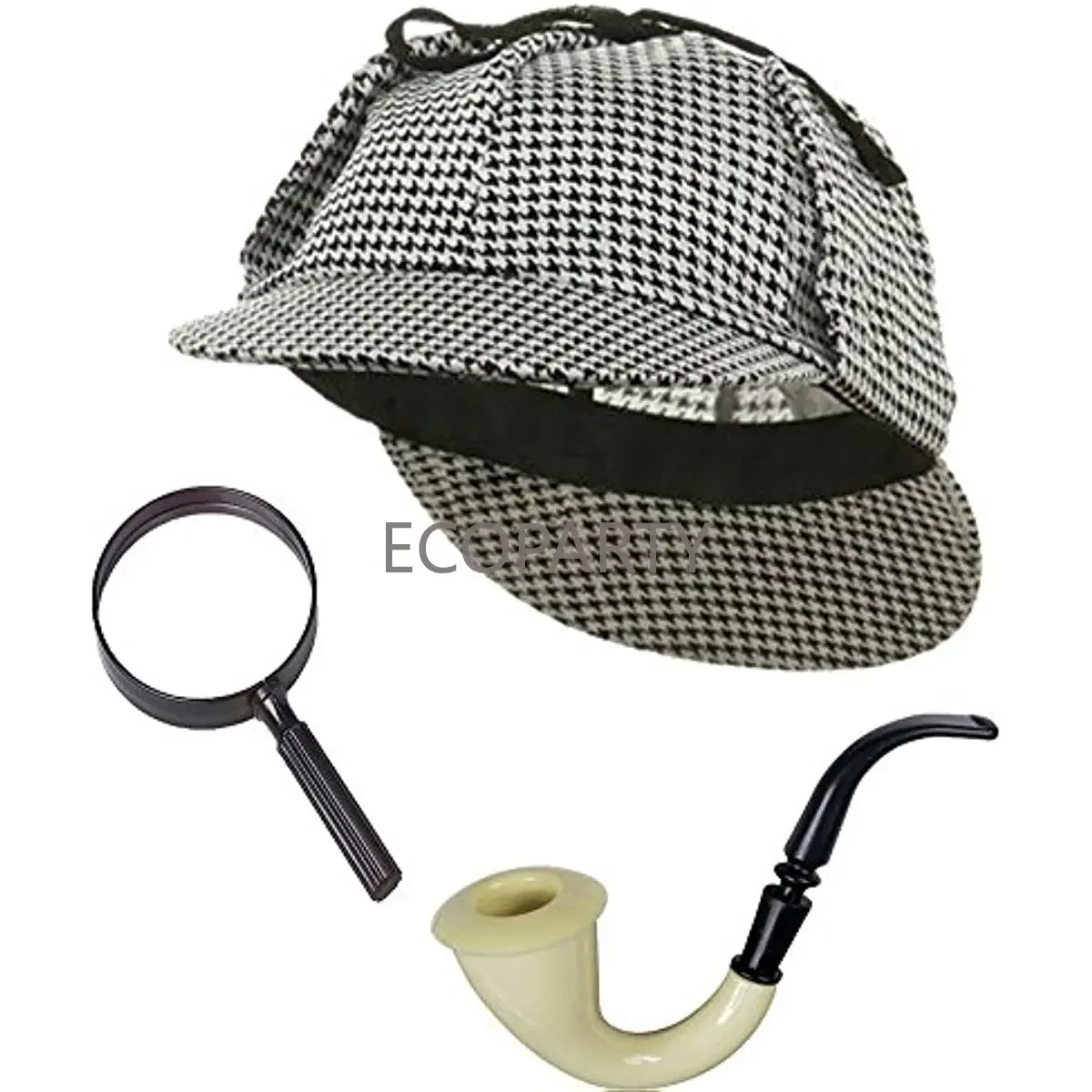 Men Detective Bundle- Detective Hat Costume Pipe & Magnifying Glass Black and White Cosplay Accessory Set Party