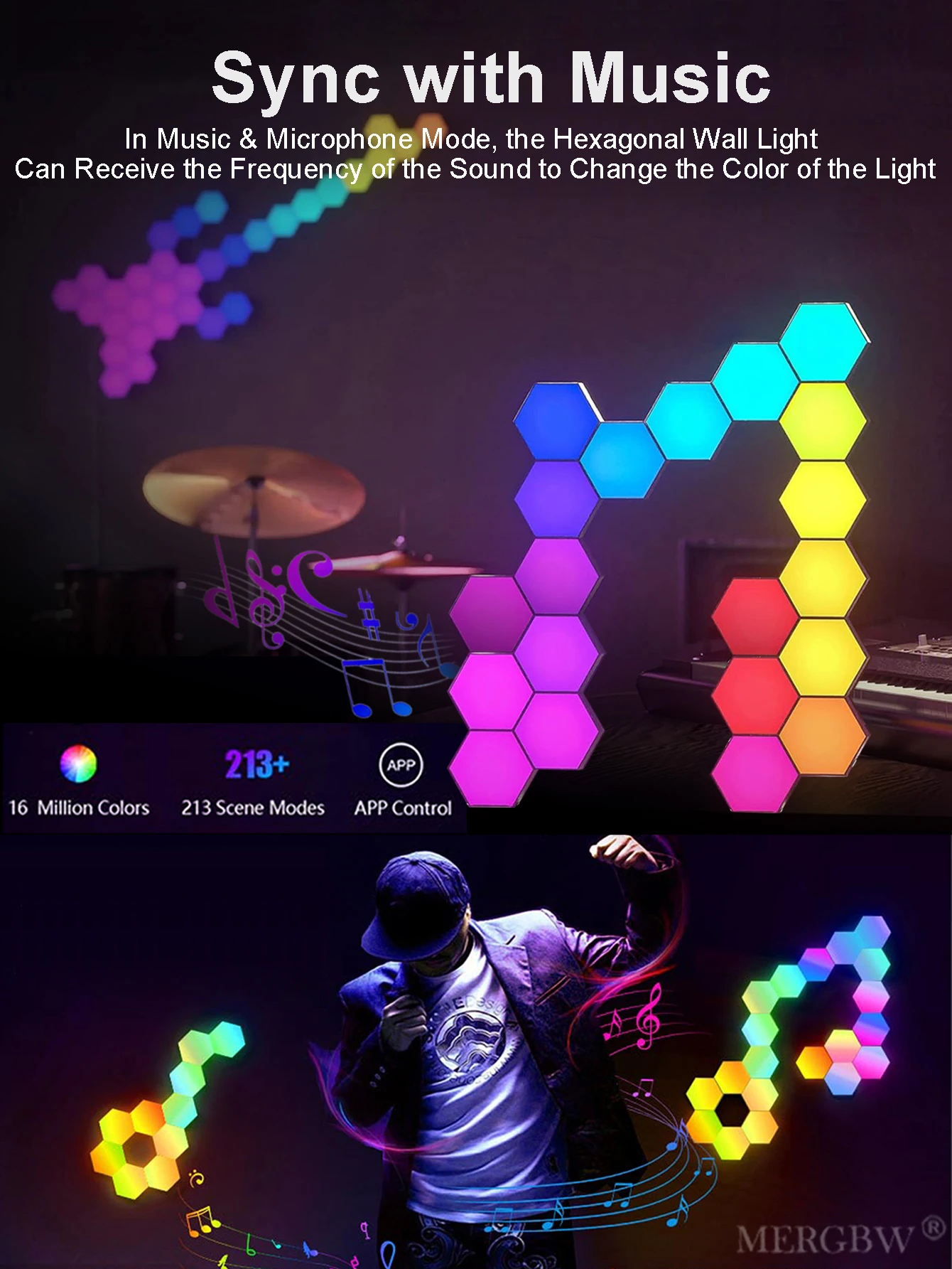 RGB Intelligent Hexagonal Wall Lamp Color Changing Ambient Night Light Hexagona Shape MeRGBW APP DIY Music Sync Game Room Home