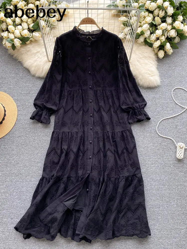 White/Green/Blue Summer New Lace Embroidery Dress Women Long Sleeves Dresses Female Vintage Party Beach Maxi Long Dresses