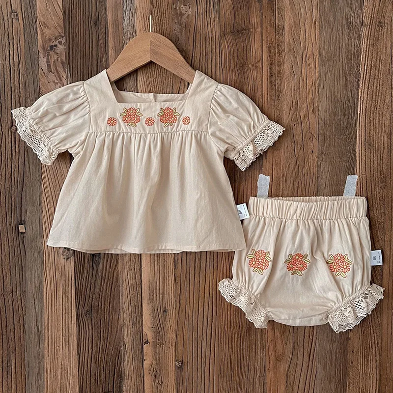 

2024 New Summer Korean Style Children Clothes Short Sleeved Cotton Embroidered T-shirt+PP Shorts Infant Baby Girls Clothing Set