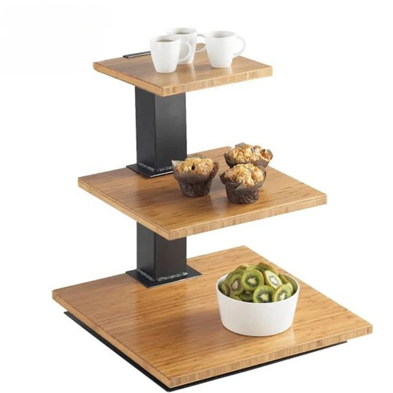 restaurant buffet food dessert display shelf three tier square suspended wooden serving plate cake stand for wedding