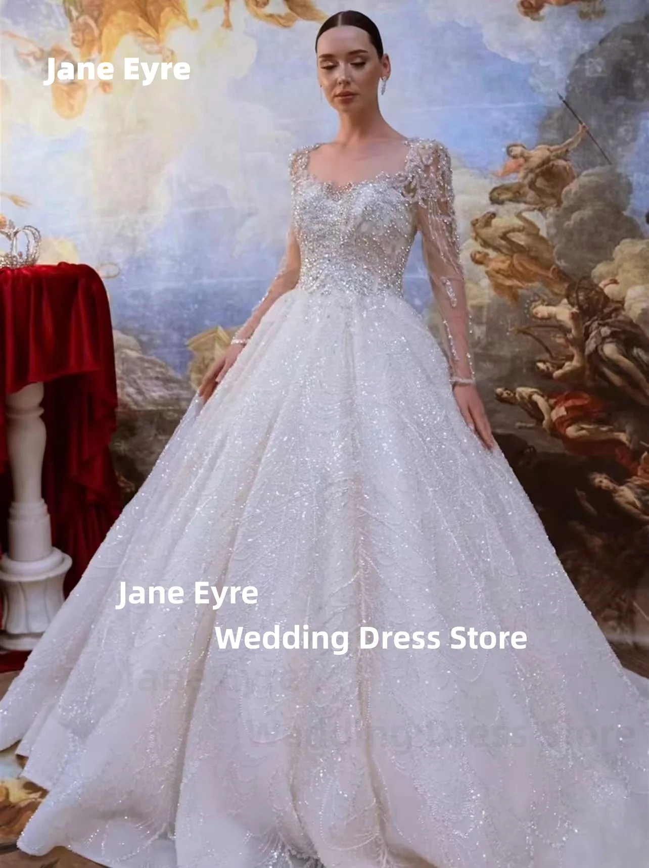 Gaun Pengantin Mewah Jane Eyre dengan Payet Berkilau, Lengan Panjang, Model Court Gown, Custom Made, Sweetheart Robe De Mariée