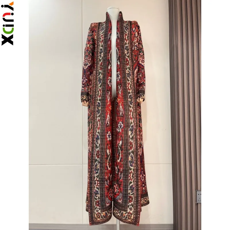 YUDX Miyake Casual Model Women's Dress Pleated Peplum Long Sleeve Coat Jacket Cape Fashion Printed Long Gown 2024 Summer New