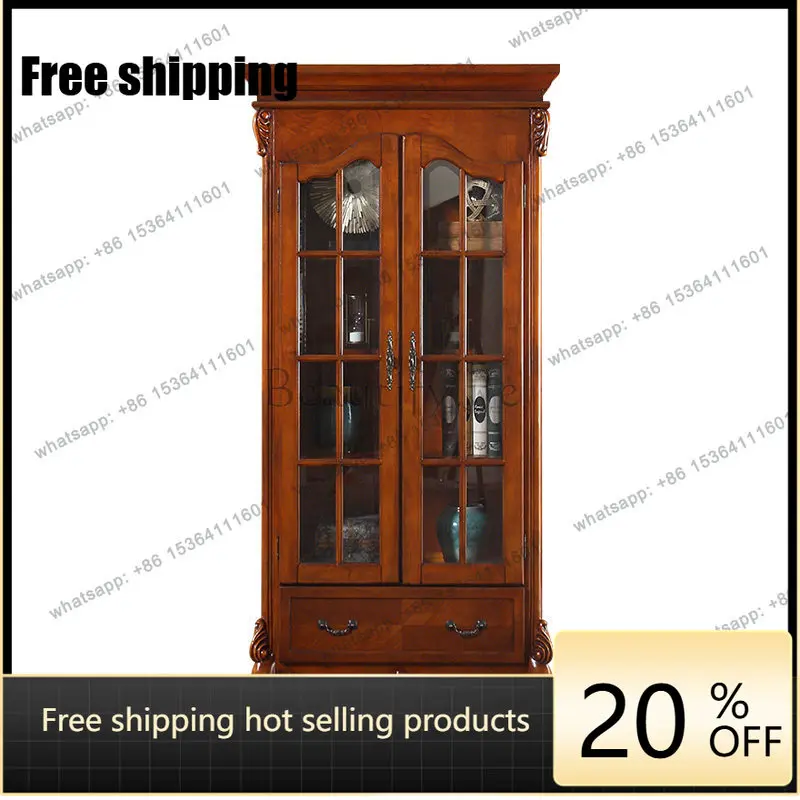 European solid wood double door glass wine cabinet American shelf living room multi-functional cabinet bookcase
