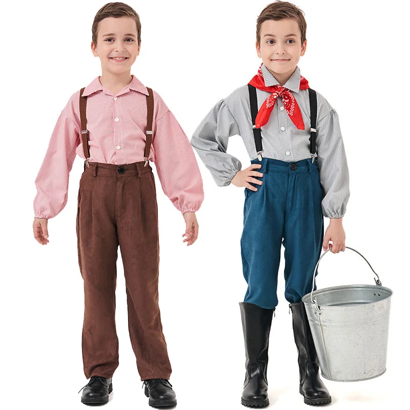 Pink Farmer Villager Boys Victorian Colonial Settlers American Outfit Fancy Dress Up Boy Pioneer Halloween Costume