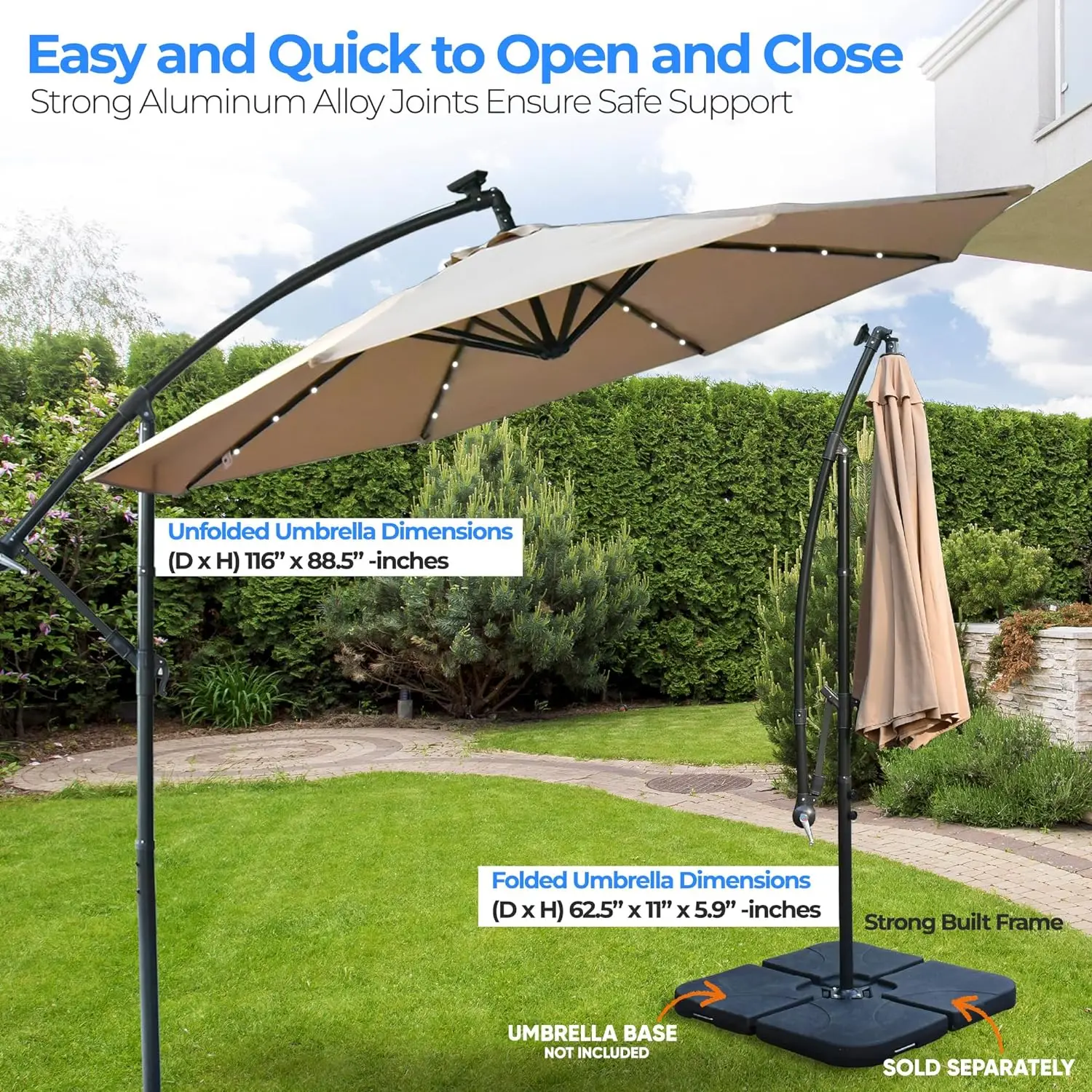 360° Rotation-8 Sturdy Steel Ribs Patio Market Hanging Umbrellas with 24 LED Lights, Tilting and Cross Base